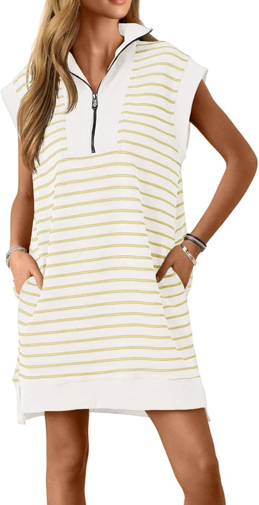 Wenrine Womens Striped Zipper Collar V Neck Loose Knit Summer Mini Dress | Amazon (US)