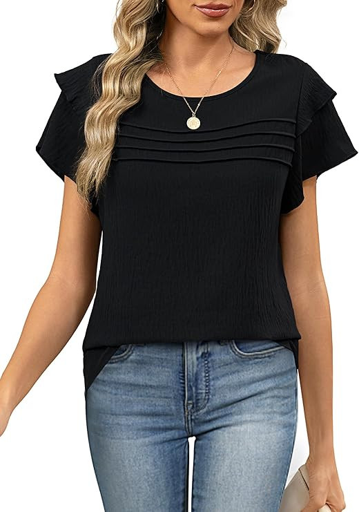 Funlingo Womens Dressy Casual Blouses Summer Ruffle Short Sleeve Tops Crew Neck Pleated Front Shi... | Amazon (US)