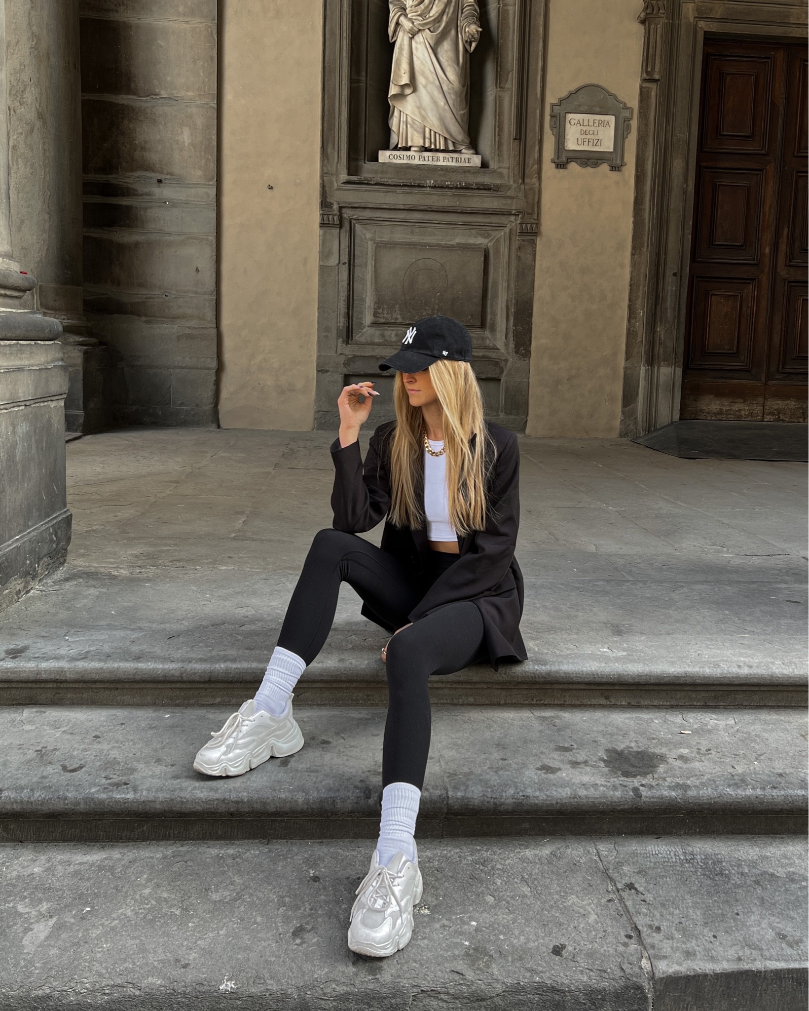 ny baseball hat, white tank, black blazer, black leggings, white socks, chunky white sneakers, model off duty, athleisure, casual chic #blazer #whitesneakers #athleisure #modeloffduty 

#LTKstyletip #LTKunder100 #LTKfit