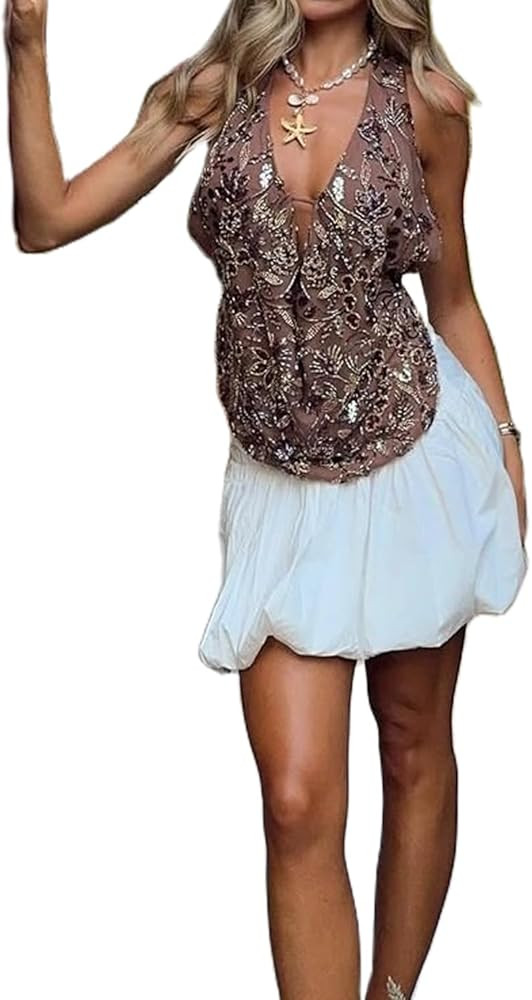 Sequin Halter Tops for Women Y2k Sparkly Sleeveless Backless Beaded Top Night Out Party Going Out... | Amazon (US)