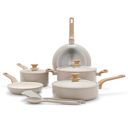 GreenPan Rio Essence Wood 10 Piece Cookware Pots and Pans Set, Healthy Ceramic Nonstick, PFOA & PFAS-Free Coating, Induction, Silicone Rim Lids, Stay-Cool Wood Print Handles, Dishwasher Safe, Taupe | Amazon (US)