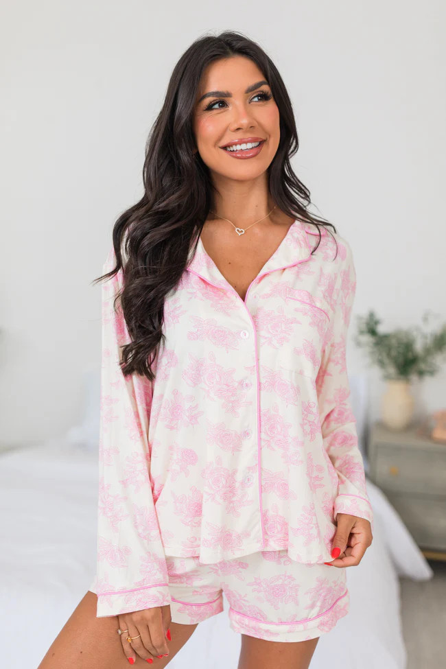 Under The Stars In Floral Fantasy Long Sleeve Pajama Top | Pink Lily