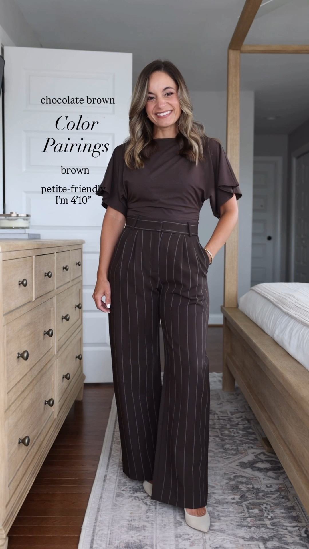 Six color combination ideas with petite-friendly chocolate brown pants. 

Pants (Abercrombie): 24 short / 28.5” inseam / 11.5” rise ( I need a heel with these pants) - these has sadly sold out in the pinstripe option I’m wearing but they are fully stocked in solid brown and black!

Brown top (Abercrombie): xxs 
Navy top (Aritzia): 2xs 
Rose top (Quince): xs 
Burgundy top (Quince): xs 
Olive top (WHBM): xxs 
Taupe top (WHBM): xxs 
Taupe Blazer (WHBM): petite 00

#LTKPetite