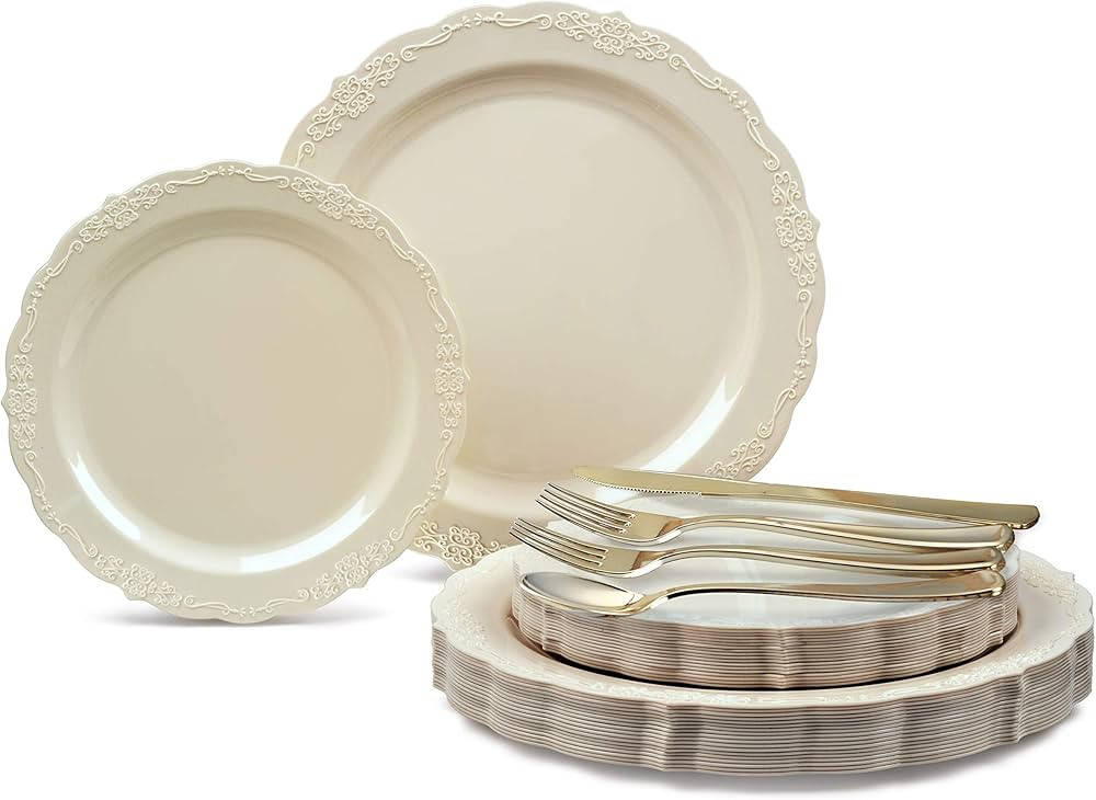 " OCCASIONS " 150 Pieces set (25 Guests)-Vintage Wedding Plastic Plates & cutlery -Disposable Din... | Amazon (US)