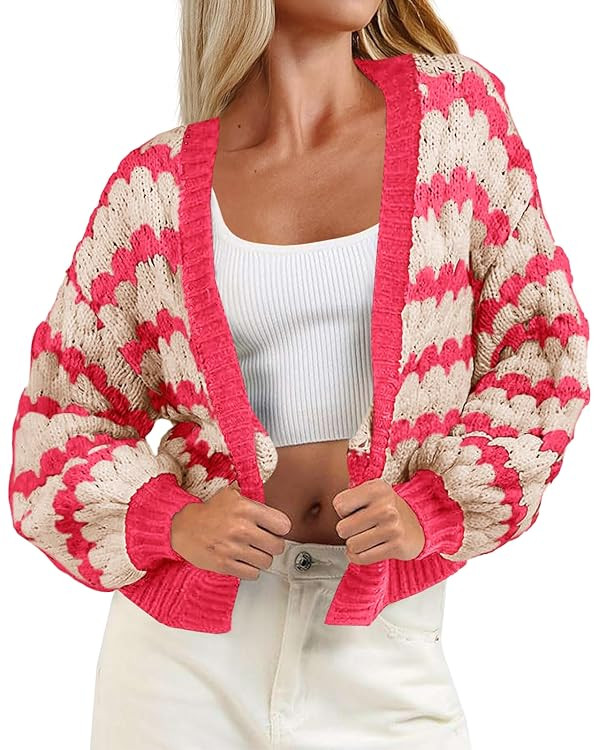 Saodimallsu Womens Cropped Cardigan Striped Open Front Long Lantern Sleeve Color Block Loose Chun... | Amazon (US)