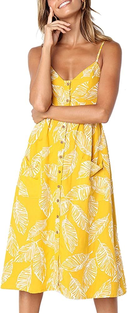 Women's Dresses-Summer Floral Bohemian Spaghetti Strap Button Down Swing Midi Dress with Pockets | Amazon (US)
