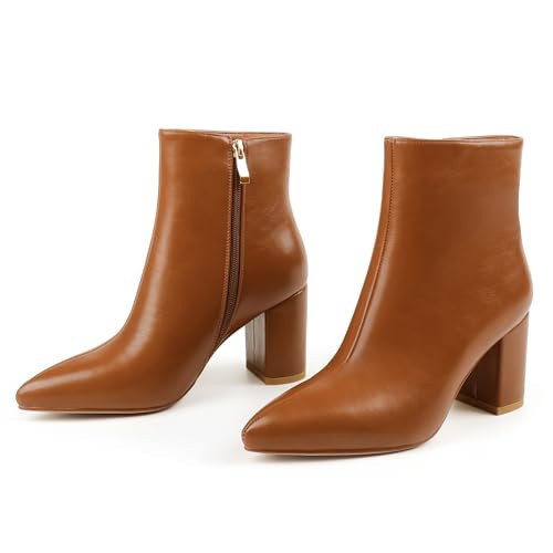 JOY IN LOVE Women's Ankle Boots Chunky Block Heel Pointed Toe Zipper Booties Brown US 11 | Amazon (US)