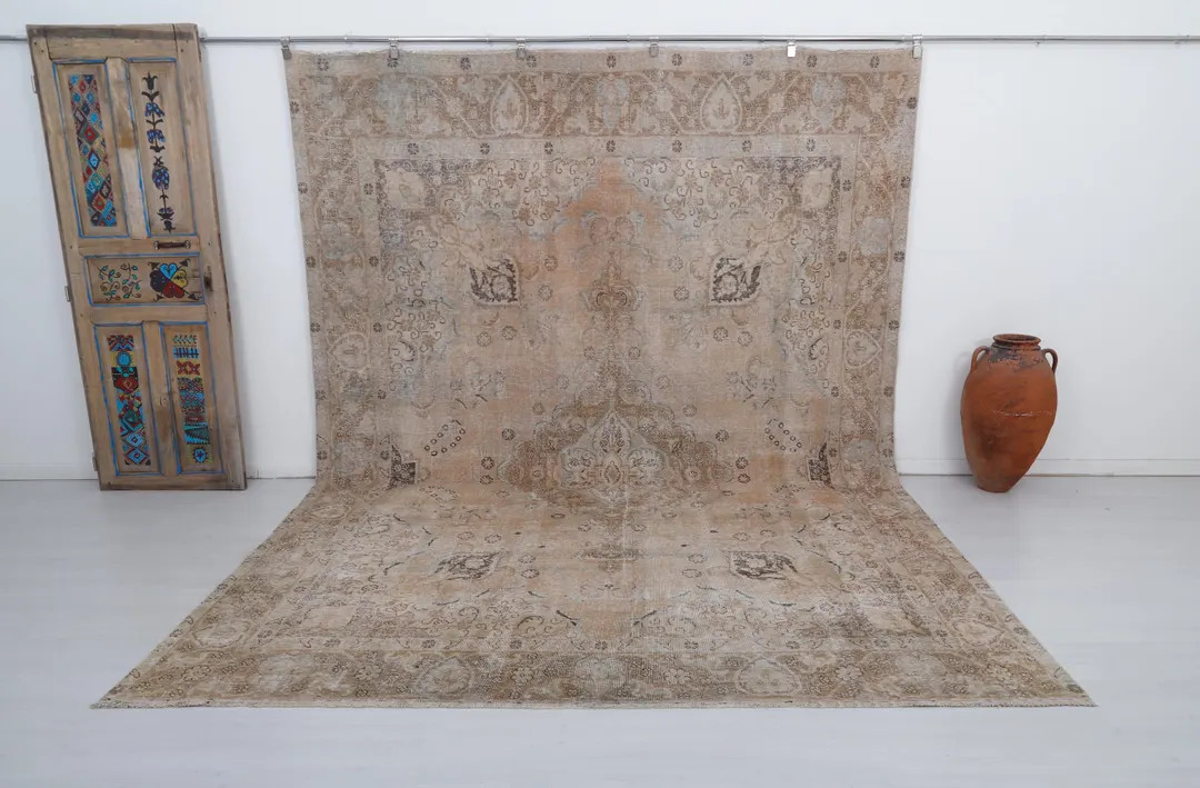10x12 Vintage Oushak Rug: Neutral Bohemian Turkish Wool Carpet - Etsy Canada | Etsy (US)