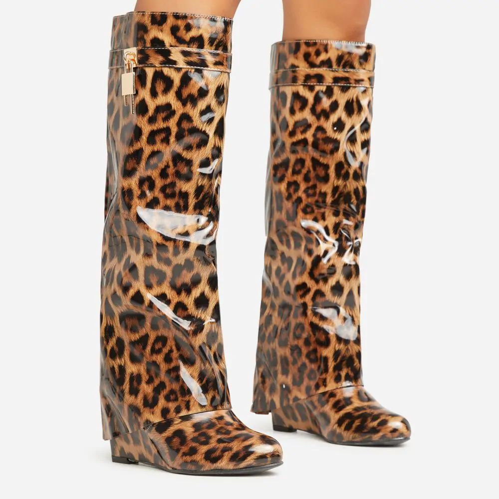 I-Am-The-One Padlock Detail Wedge Heel Knee High Long Boot In Leopard Print Patent | EGO Shoes (US & Canada)