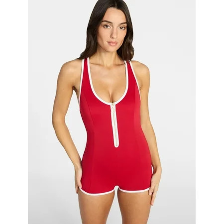 Time and Tru Women s and Women s Plus Size Making Waves Zip Front Tank Romper Swimsuit Sizes XS-3X | Walmart (US)