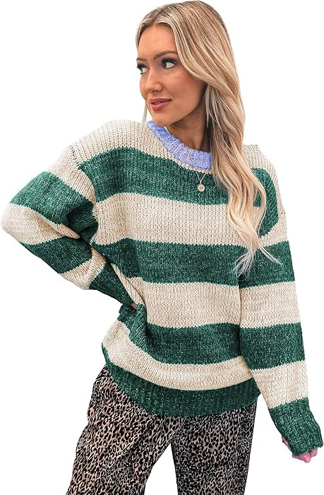 Women's Striped Pullover, Casual Green Colorblock Knit Top | Amazon (US)