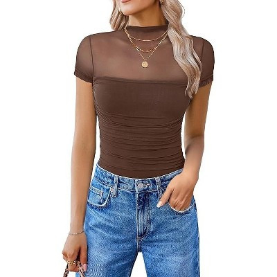 Avidlove Women's Short Sleeve Bodysuit Turtle Neck Body Suits Mesh One Piece Tshirt Going Out Tops Dressy Outfits-Brown-S | Target
