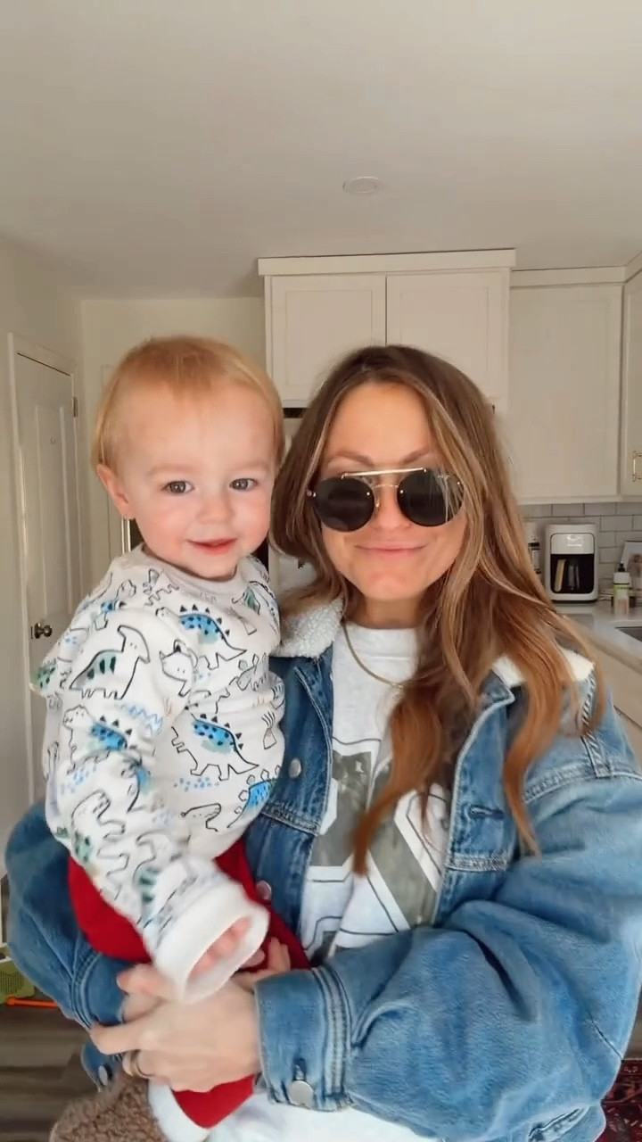 Chasing toddler approved outfit - oversized blue jean jacket: wearing size medium (LOVE it), red sweatpants that I haven’t taken off (size small) and camo graphic pullover is size small- so cozy! All petite and budget friendly 

#LTKFindsUnder100 #LTKPetite #LTKmomlife