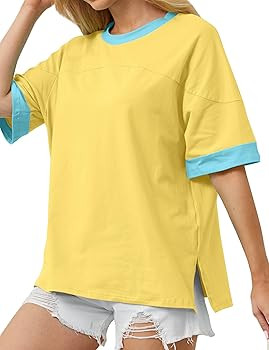Women Color Block Y2K Oversized Short Sleeve T Shirts Round Neck Split Side Patchwork Loose Fit S... | Amazon (US)