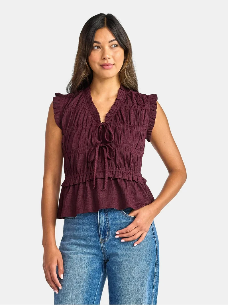 Time And Tru Women's Textured Tie Front Top, Sizes XS-XXXL | Walmart (US)