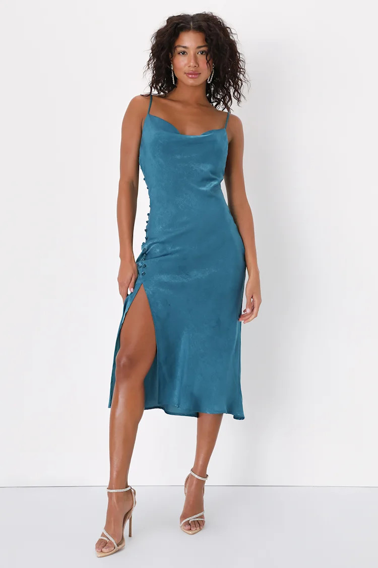 Slinking Out Loud Teal Satin Side Button Slip Dress | Lulus (US)