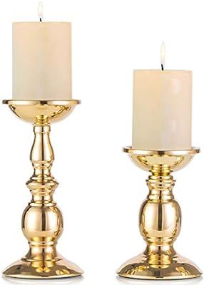 Nuptio Gold 2 Pcs Iron Pillar Candle Holders, Gold Candlestick Most Ideal for 3" Pillar Candles o... | Amazon (US)