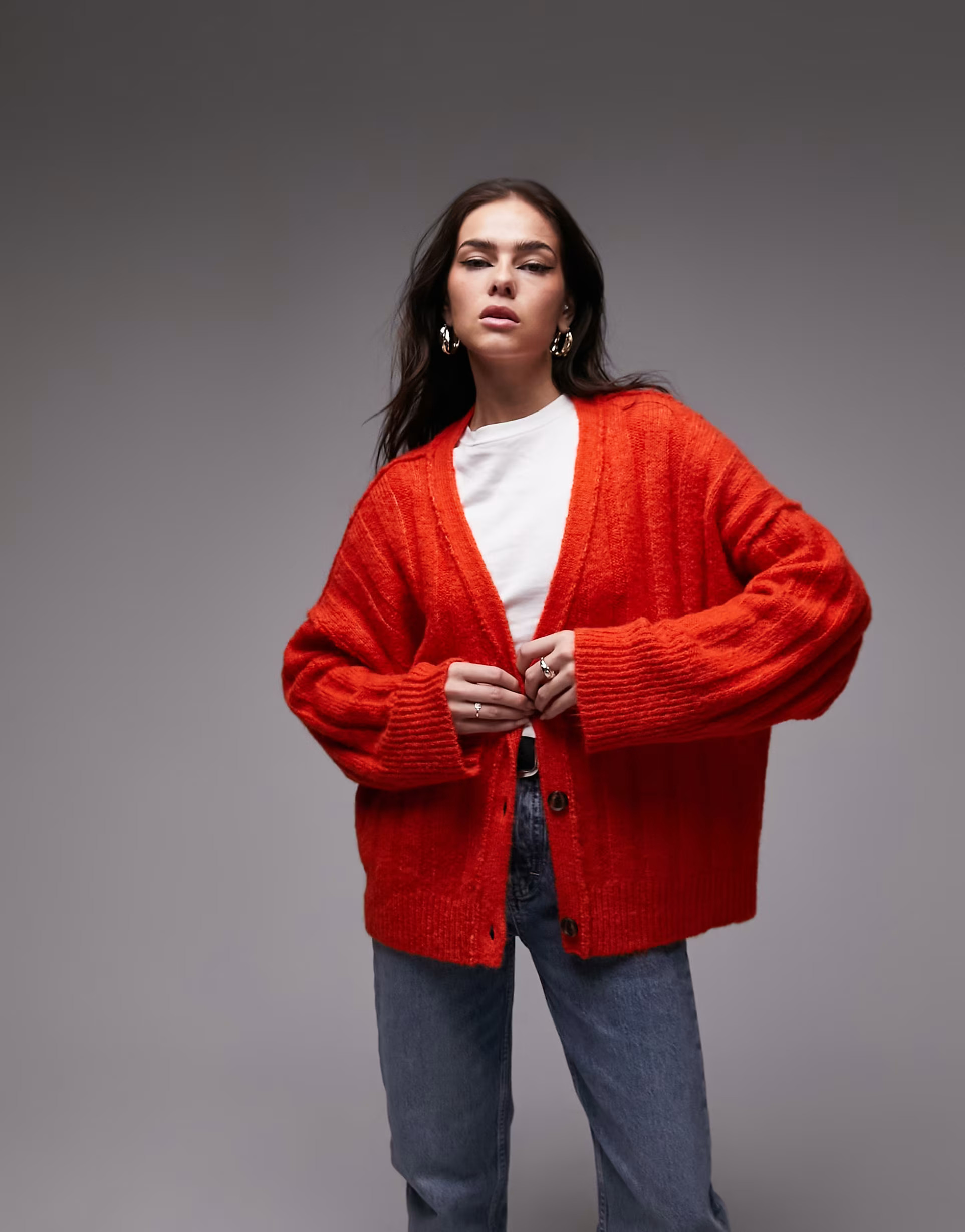 Topshop knitted fluffy v-neck wide rib cardigan in orange | ASOS (Global)
