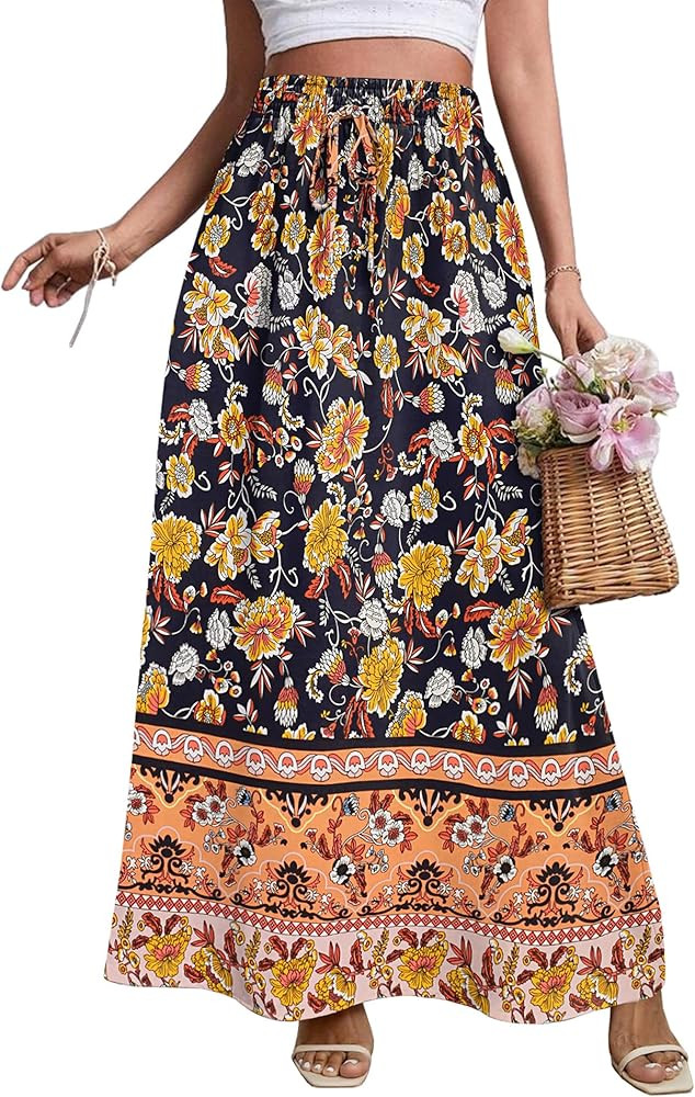 Zeagoo Women's 2024 Boho Floral Skirt Casual Elastic High Waist Maxi Skirts Flowy A Line Beach Lo... | Amazon (US)
