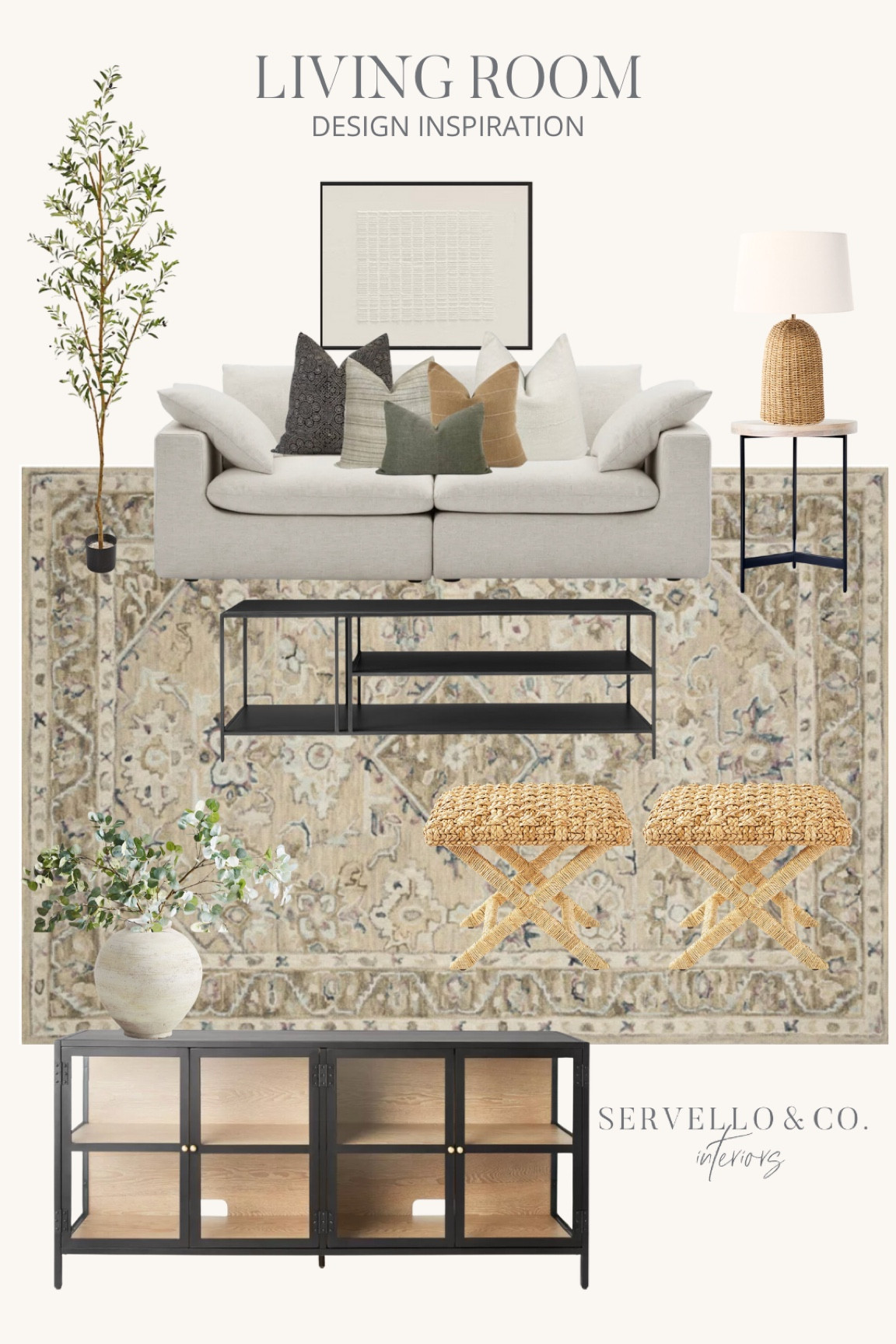 Living room rug, living room cream couch, white couch, affordable throw pillows, neutral pillows, living room design, target McGee and co furniture, McGee and co tv console, black glass tv console, Afloral faux greenery, faux olive tree, black coffee table, Serena and Lily benches 

#LTKhome #LTKfamily #LTKsalealert