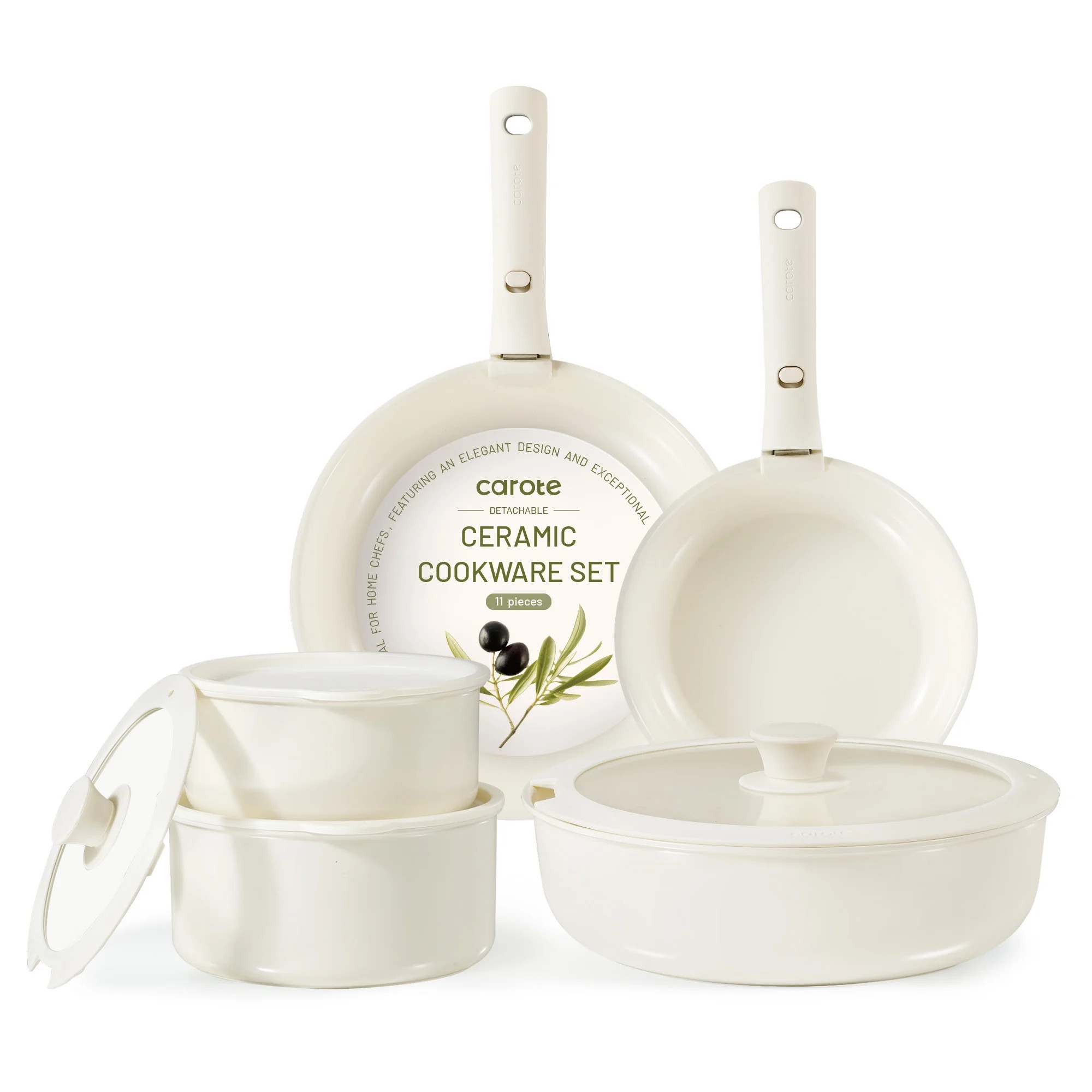 Carote Ceramic Cookware Set, Non Toxic Detachable Pots and Pans, 11 Pcs Induction Cookware, Cream | Walmart (US)