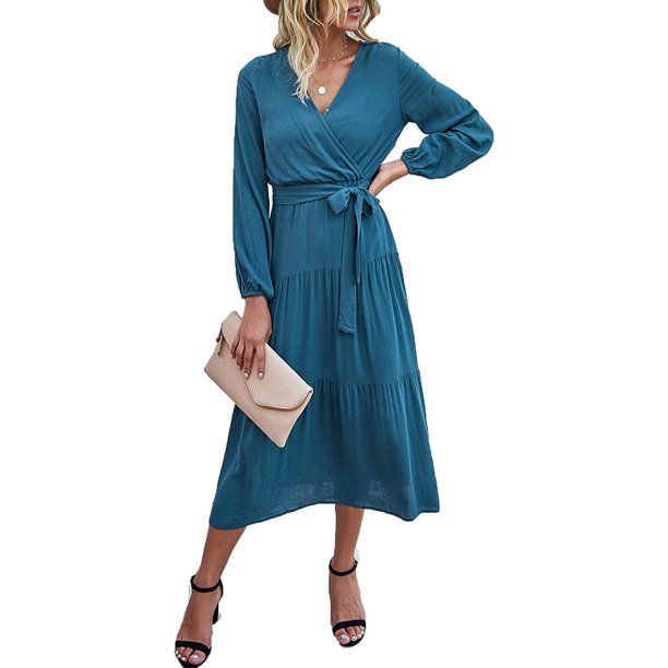 esafio Women's Long Sleeve Midi Long Dress Wrap V Neck Tiered Fall Vintage Maxi Dresses,Blue | Walmart (US)