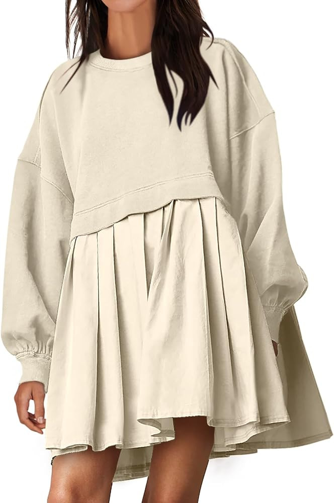 ANRABESS Women Oversized Sweatshirts Hoodie Dress Long Sleeve Crewneck Casual Baggy Patchwork Ple... | Amazon (US)