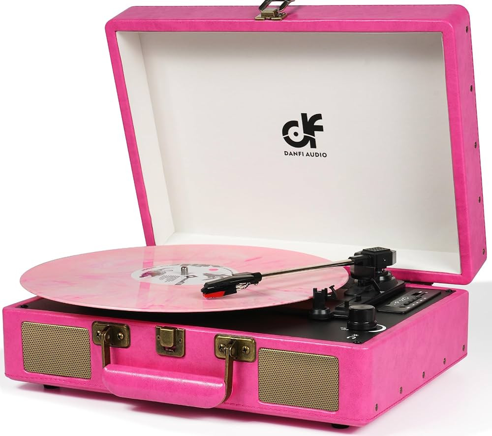 Vintage Bluetooth Suitcase Record Player with Built-in Speakers, 3 Speed Portable Turntable with USB Vinyl Audio Recorder RCA AUX-in & Headphone Jack (Pink) | Amazon (US)