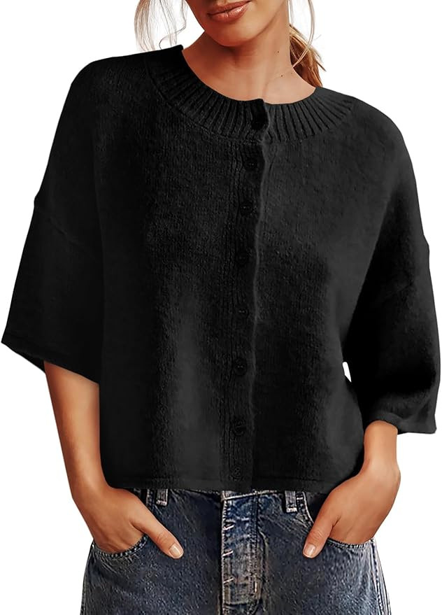 Saodimallsu Womens 3/4 Sleeve Cardigan Sweater Button Down Cropped Crewneck Cardigan 2025 Fall Ca... | Amazon (US)
