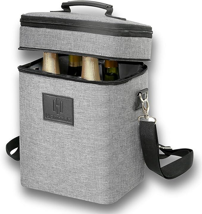 HAMILO 4 Bottle Wine Carrier - Gray, Champagne Carrier Bag, Waterproof Wine Tote Bag with Expanda... | Amazon (US)