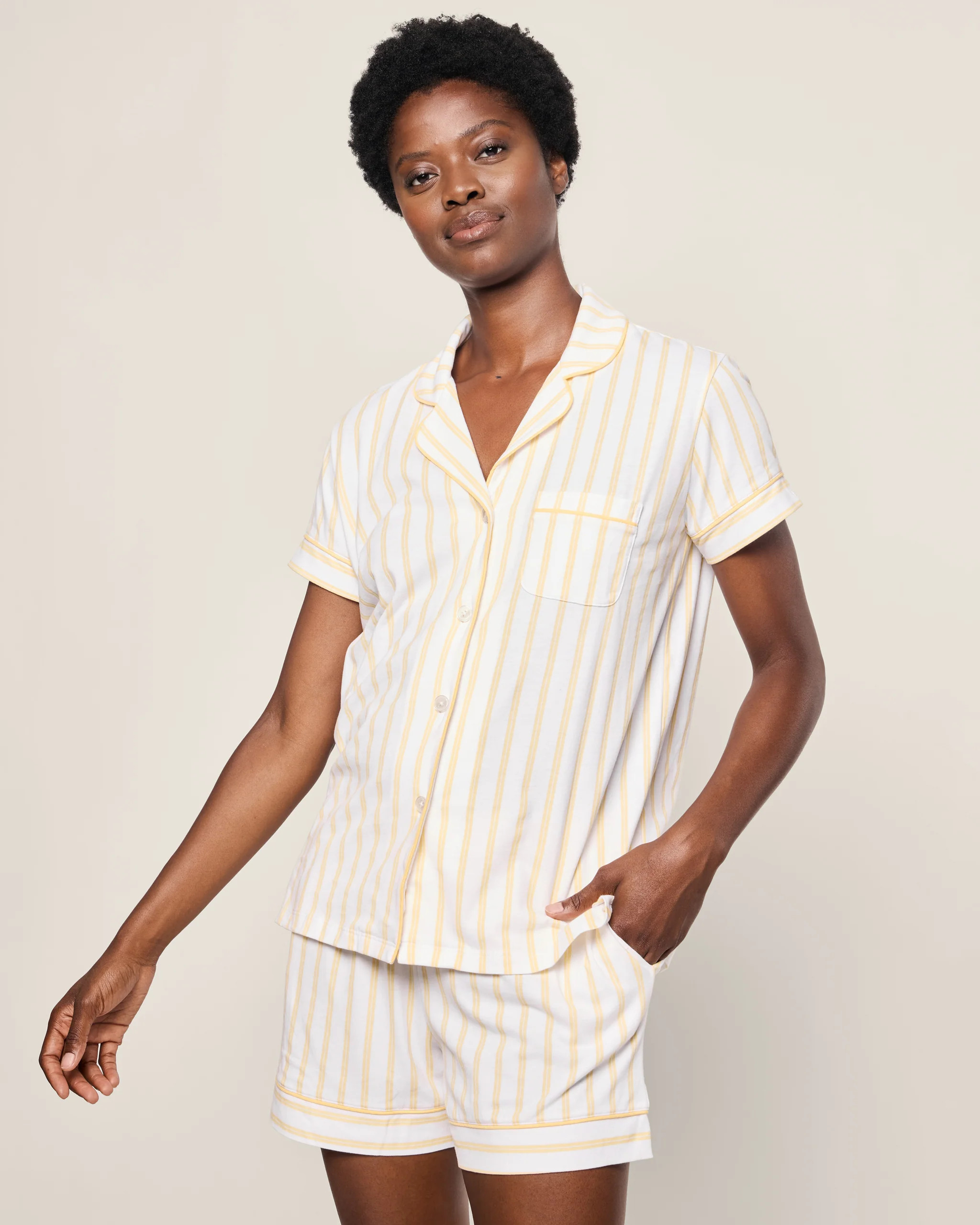Women's Pima Short Sleeve Short Set in Sunny Stripe | Petite Plume
