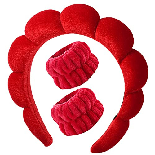 Luckybear Spa Headband for Washing Face, Velvet Makeup Headband with Face Wash Wristbands - Red | Amazon (US)
