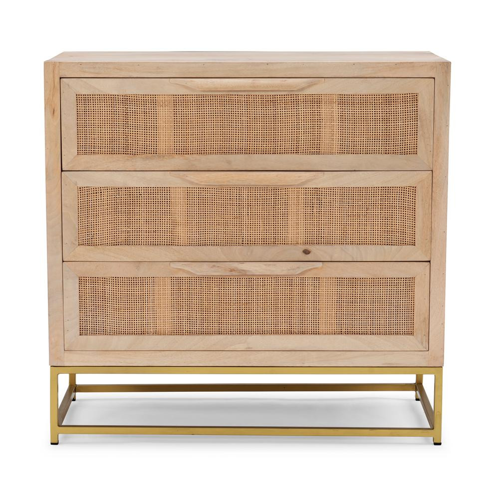 Powell Company 3-Drawers Bilson Natural with Gold Base Rattan Cabinet, Natural and Gold | The Home Depot