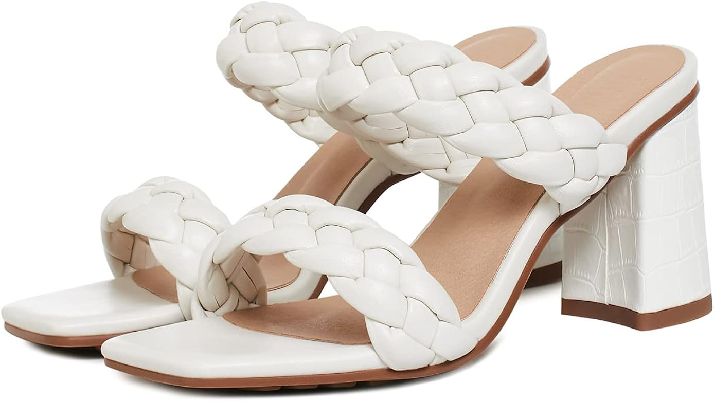 Women's Braided Heeled Sandals Square Open Toe Backless Block Double Straps Slip on Leather Strap... | Amazon (US)