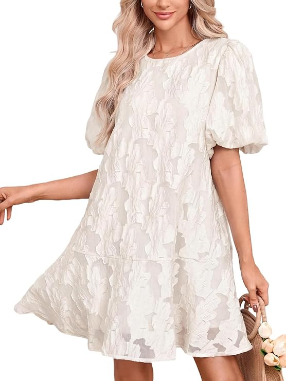 Women's Floral Jacquard Summer Mini Dress Short Puff Sleeve A-Line Babydoll Ruffle Sundress | Amazon (US)