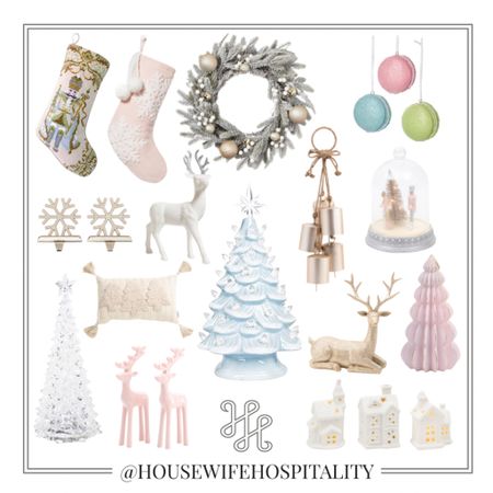 Pastel Christmas Decor & decorations. Embroidered stocking, pink snowflakes, frosted flocked wreath, macaroon ornaments, snowflake stocking hooks, baby blue ceramic tree, reindeer statues, gold bells, snow globe cloches, christmas village, pink, blue, white, gold

#LTKhome #LTKSeasonal #LTKunder50