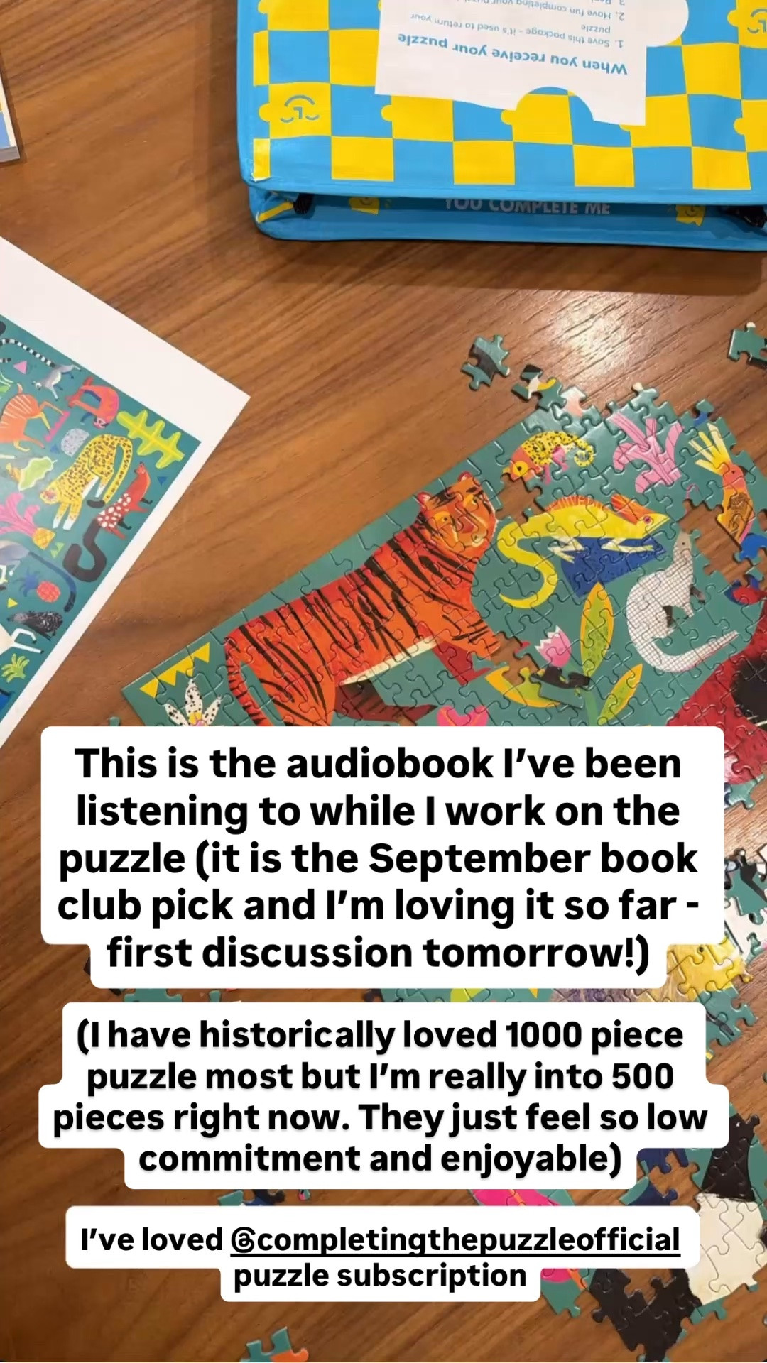 I always love listening to an audiobook while I do puzzles. I’ve been listening to our September book club pick - and I’m loving it so far!