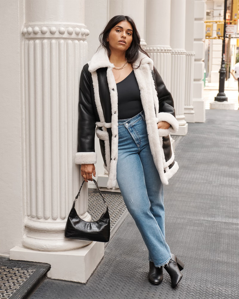 Oversized Sherpa-Lined Vegan Leather Coat | Abercrombie & Fitch (US)