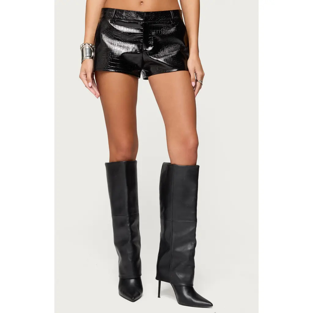 EDIKTED Matilde Croc Faux Leather Shorts in Black at Nordstrom, Size Small | Nordstrom