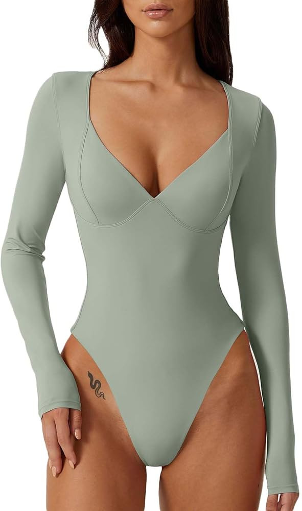 QINSEN Women's Long Sleeve Bodysuit V Neck Body Suits Seamed Cup Going Out Tops Shirt | Amazon (US)