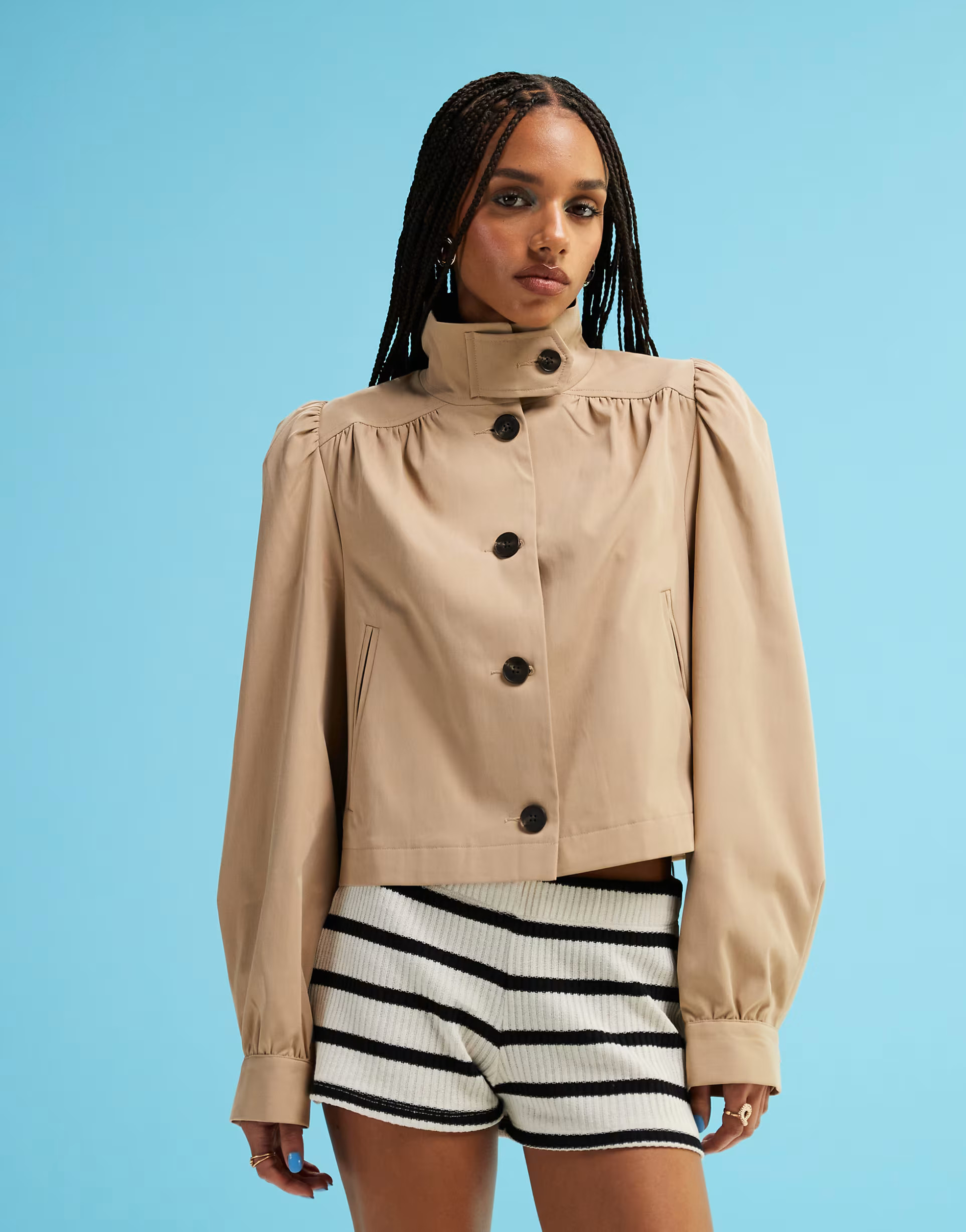 ASOS DESIGN gathered sleeve cropped trench coat in stone | ASOS | ASOS (Global)