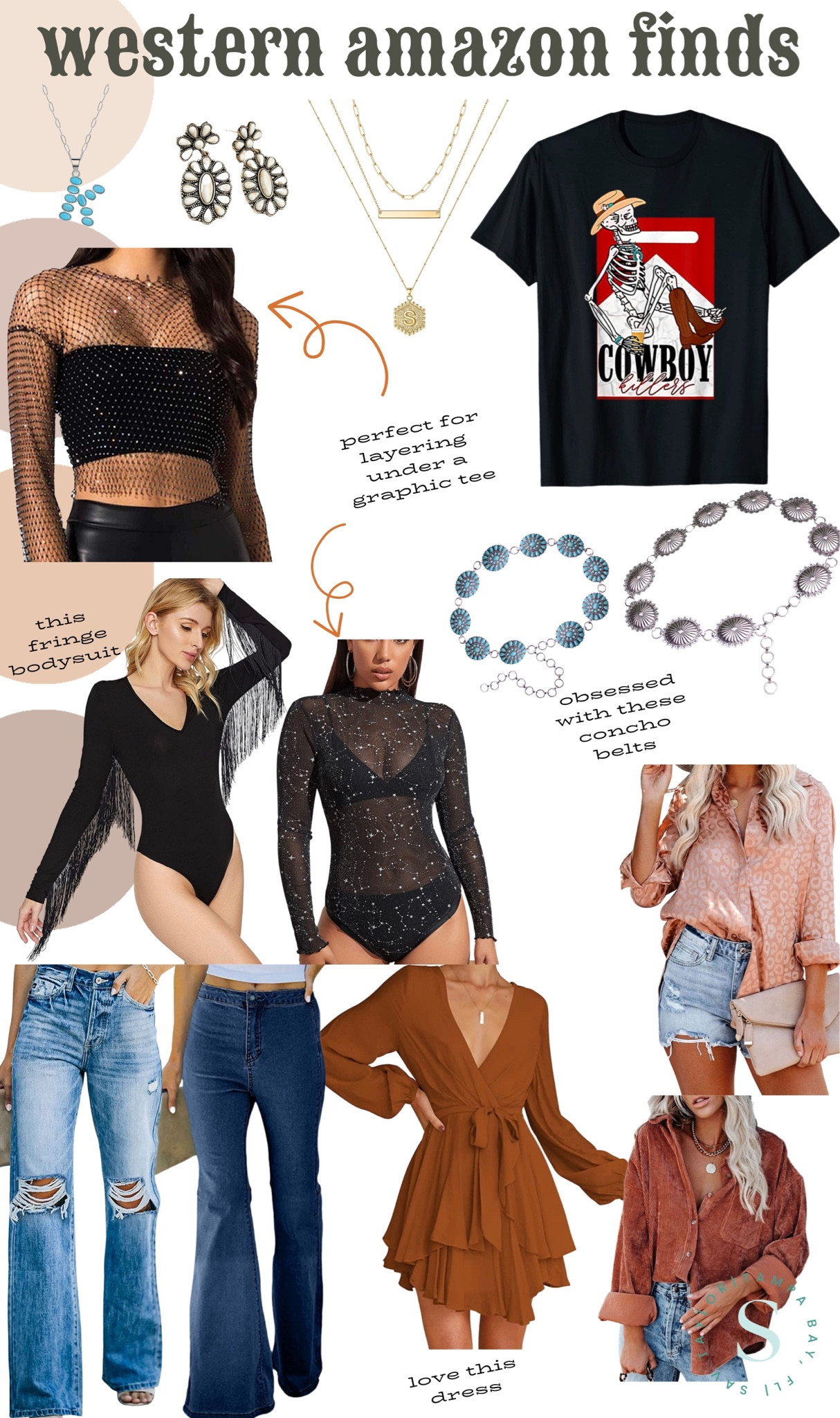 Western Punchy Amazon Finds 🤩 So many affordable options! I love initial necklaces and the stone earrings. I’ve been eyeing concho belts for a while but want to try these out before I take the plunge and buy more. 
I love how versatile the button ups are, and they come in tons of colors! You could wear them with the denim I chose, or pair the denim with one of the bodysuits! Layering with graphic tees is coming back in style and this net/mesh top with crystals would be adorable under a tee for a concert or night out. 💕 

#LTKGiftGuide #LTKstyletip #LTKCyberweek