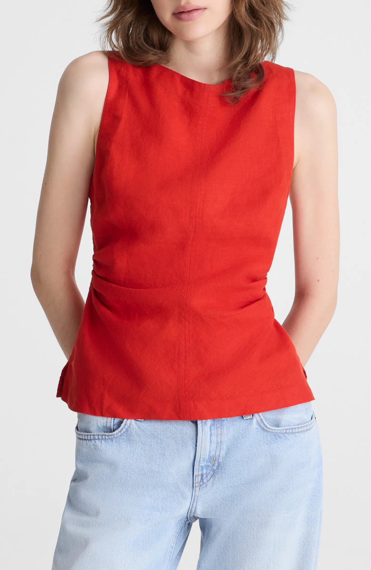 Cinched Boatneck Sleeveless Linen Top | Nordstrom