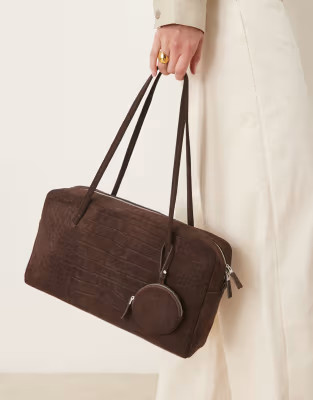 Mango 100% suede bowling bag in chocolate faux croc | ASOS (Global)