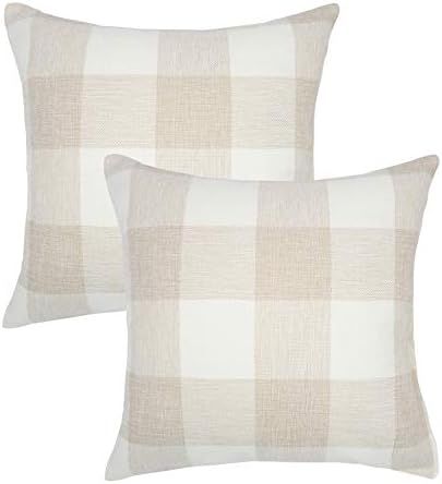 NAVIBULE Pack of 2 Farmhouse Outdoor Buffalo Plaid Cream Pillow Covers Cotton Linen Rustic Check ... | Amazon (US)