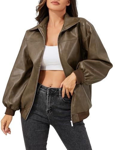 KWSTAIN Brown Leather Jacket for Women Bomber Autumn Winter Vintage Washed Faux Leather Long Lantern Sleeve Streetwear (Brown,L) | Amazon (US)