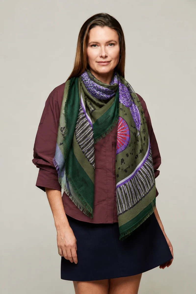 Dania Tassel Print Scarf-Green | Benaar La