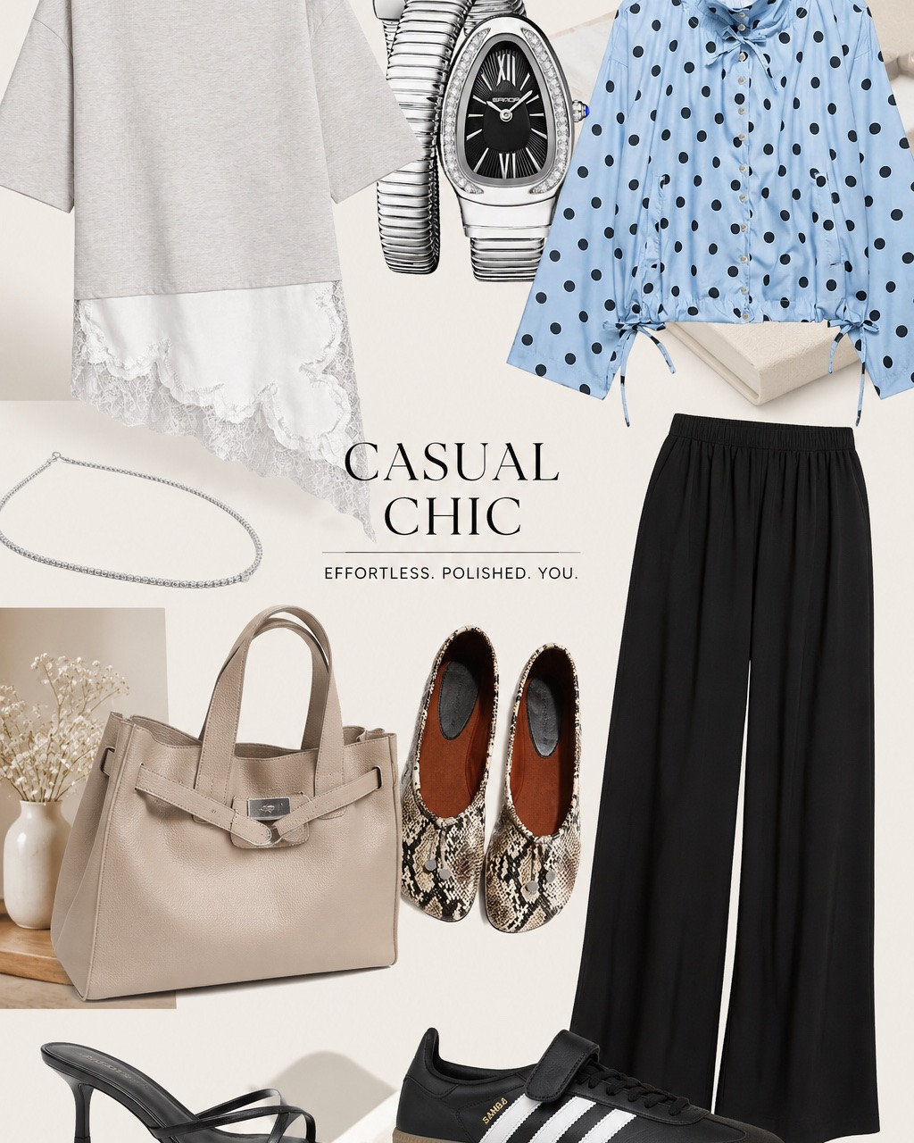 Elevated everyday elegance featuring a powder blue polka-dot blouse layered into relaxed black trousers with a modern lace-detail top. Styled with mixed textures, minimalist silver accessories, a luxe taupe handbag, and interchangeable shoes from chic kitten heels to cool-girl Sambas for a polished yet relaxed city look.

#LTKdayinmylife