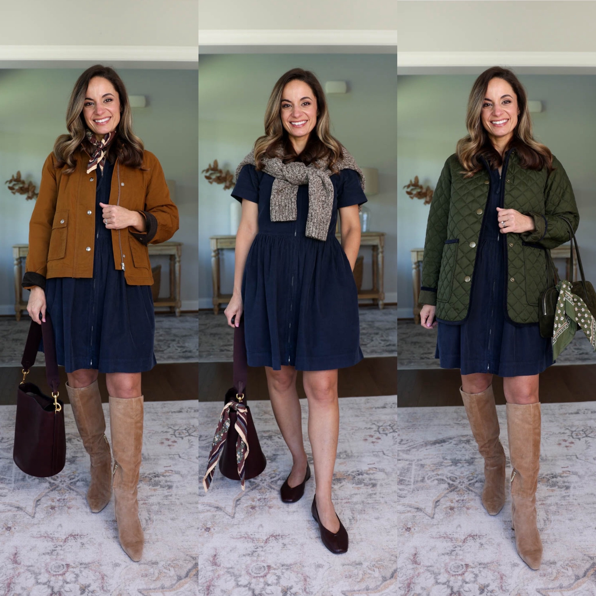 The fall 2026 casual capsule wardrobe series: multiple ways to wear a corduroy dress. 

Corduroy Dress (J.Crew): 00 (also comes in petite) 

Gray Cardigan (Quince): xs 
Striped Sweater (Madewell): xs 
Brown Marled Sweater (Gap): petite xs 
White Sweater (Gap): petite xs 
White T-Shirt (Old Navy): petite xs 
Denim Top (Target): small (sized up) 
White Button Down (Quince): xs 
Orange Top (Madewell): xxs 
Ecru Jeans (Madewell): 24 / 10 7/8” rise / 27” inseam (they also come in petite with a 10 3/8” rise / 25” inseam) 
Dark Wash Jeans (J.Crew Factory): petite 24 / 10” rise / 28” inseam 
Corduroy Pants (BR Factory): petite 25 / 10” rise / 27.5” inseam 
Green Jacket (Ann Taylor): petite xxs 
Field Jacket (Madewell): xxs 
Corduroy Skirt (Gap Factory): 25 - sized up 

Included shoes are all true to size 

For size comparison, I’m 4’10” 105lbs. My measurements are 32”, 24”, 36”. I typically wear petite xxs/00/24 and have a 25” ankle inseam and a 27.5-28” full length inseam.

#LTKPetite