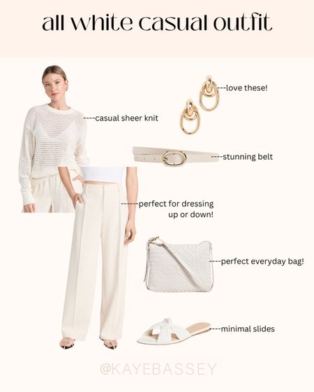 All white casual weekend outfit idea for summer, sheer knit sweater tailored trousers gold earrings white leather belt woven leather bag minimal slide sandals #white #outfit #shopbop #summer #casual 

#LTKworkwear #LTKSeasonal #LTKstyletip